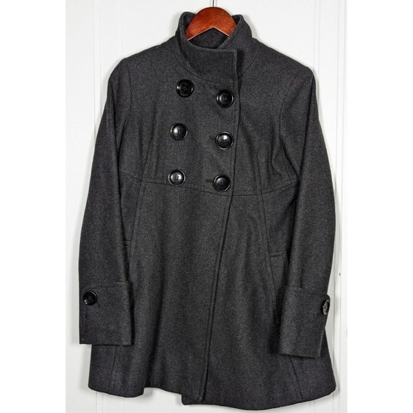 Womens Michael Kors Wool Blend Gray Black Button Up Size 6 Small Pea Coat Jacket - Picture 1 of 4